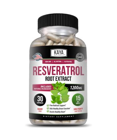 Kaya Naturals - Resveratrol Capsules - Anti Aging Supplement - Antioxidants with Brain Support - Maximum Benefits - 30 Veggies Capsules 1 Count (Pack of 30)