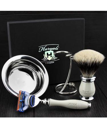 4 Pc Men's Shaving Kit - 5 Blade Razor Silver Tip Badger Brush Stand & Stainless Steel Bowl | Perfect Grooming Set for Men - Buy Online on GoSupps.com