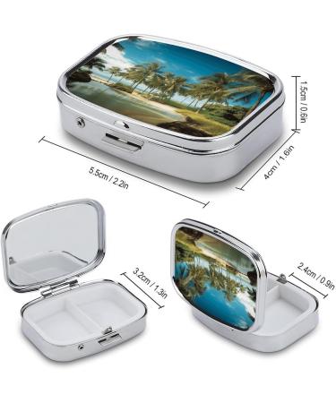 Shop Tropical Coconut Trees Beach Print Pill Box | 2 Compartment Portable Medicine Organizer | Decorative Metal Pill Case for Pocket & Purse - Buy Online on GoSupps.com