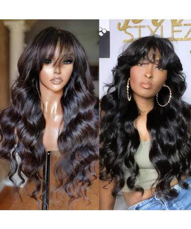 RHEANNA Brazilian Wavy Human Hair Wig with Bangs - 24 inch - 180 Density - O Scalp Top Full Machine Made for Black Women - Buy Online on GoSupps.com