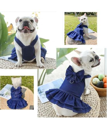 ANIAC Dog Denim Dress with Leash Ring and Bow Knot for Small Dogs - Summer Cat Apparel and Harness Skirt - Buy Online on GoSupps.com