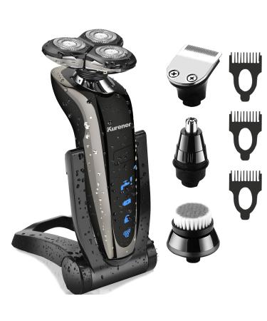 Kurener Electric Shaver Razor for Men Rechargeable 100% Waterproof Rotary for Shaving with Nose Trimmer Sideburns Trimmer Face Cleaning Brush