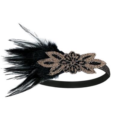 1920s Flapper Feather Headband 20s Sequined Showgirl Headpiece Roaring 20's Theme Set for Women Girls Costume Headwear (Black Feather)