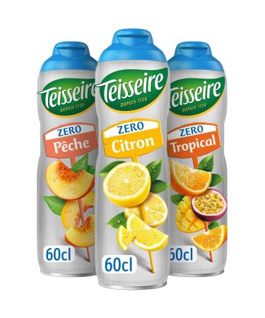 Set of 3 Teisseire Zero Sugar Syrups (Citron Peach Tropical) for Refreshing Drinks Cocktails Recyclable Bottle 3 x 60 cl