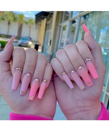 48pcs (2pack) Pink and Purple Gradient Long Press On Nails French Fake Nail Tips DIY Arylic False Nail Tips False Nails Pink Crystal Press Nails Ballerina