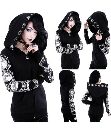 Punk Gothic Black Hoodie with Eyelet Zip-up - Women's Oversized Coat (4X-Large) - Buy Online on GoSupps.com