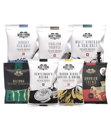 Made for Drink Ultimate Snacks Set: Biltong30g Chorizo Thins30g Baron Bigod Cheese&Onion40g Gentleman's Relish40g Malt Vinegar and Sea Salt150g Dorset Sea Salt150g and English Truffle Crisps150g Ultimate Snacks Gift Set | 7 Flavours