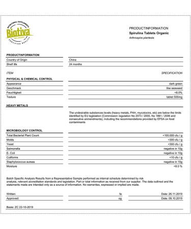 Organic Spirulina Tablets 500 g Premium Organic Quality High Dosed Algae Arthrospira Platensis Biotiva - Buy Online on GoSupps.com