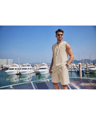 COOFANDY Men's Linen 2-Piece Beach Set - Drawstring Tank Top and Matching Shorts in Cream, Large - Buy Online on GoSupps.com