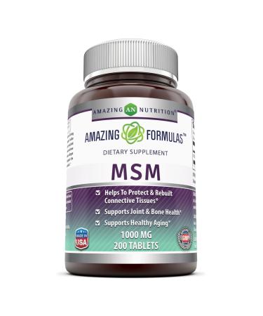 Amazing Formulas MSM Dietary Supplement 1000 mg 200 Tablets (Non-GMO,Gluten Free) -Promotes Joint Health, Detoxification, Supports Healthy Hair, Skin and Nails, Promotes Energy