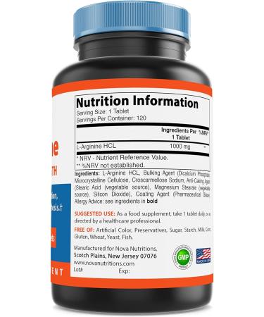 Nova Nutritions L-Arginine 1000mg 120 Tablets - Supports Cardiovascular Health and Muscle Performance - Buy Online on GoSupps.com