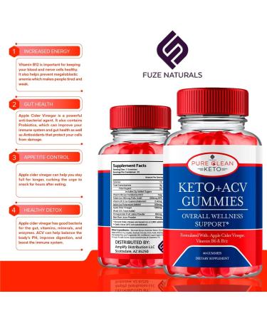 Pure Clean Keto ACV Gummies - Apple Cider Vinegar Supplement for Overall Wellness | 1000MG ACV Folic Acid & Vitamin B12 (60 Gummies - Buy Online on GoSupps.com