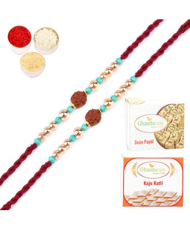 Ghasitaram Gifts Rakhi for Brother Rakhis Online - Set of 2-1903- Rudraksh Rakhi with 200 GMS of Kaju katli and 200 GMS of Soan Papdi