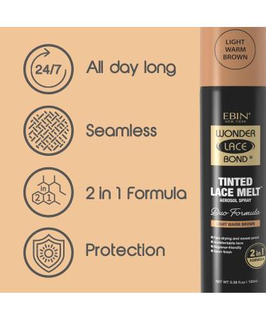 Wonder Lace Bond Tinted Lace Melt Aerosol Spray - Medium Brown 3.38oz/ 100ml - Quick Dry No Transfer Formula Humid Resistant Infused with Keratin for Protect Skin Paraben Free Unscented 3.38 Fl Oz (Pack of 1) - Buy Online on GoSupps.com