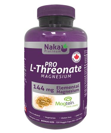 Naka Platinum PRO Magnesium L-Threonate Magtein 2 000 mg per serving (3capsules) 144 elemental Magnesium - BONUS Size 120 Veggie Caps (90+30 FREE)