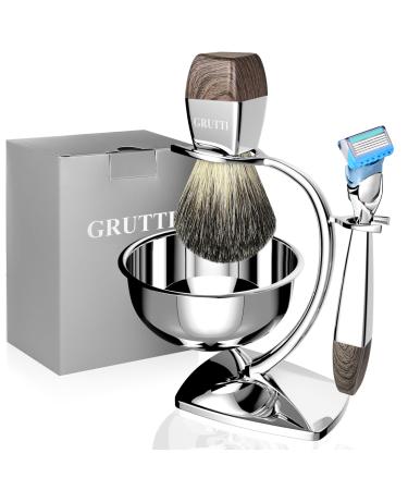 Grutti 4-in-1 Razor set razor plane stand with shaving bowl razor brush roof hair real razor plane imitation wood grain (compatible fusion 5)-men's gift set birthday father day compatible with fusion 5 set