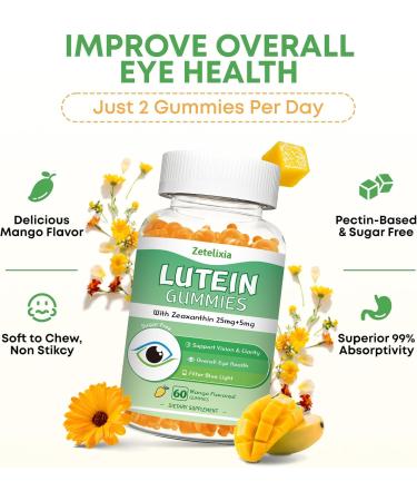 2 Pack Lutein Gummies 25mg, Sugar Free Lutein Zeaxanthin Supplements Gummies, Eye Health Supplement for Adults, Eye Vitamins Lutein for Vision and Blue Light Protection, Mango Flavor, 120 Count 60 Count (Pack of 2) - Buy Online on GoSupps.com