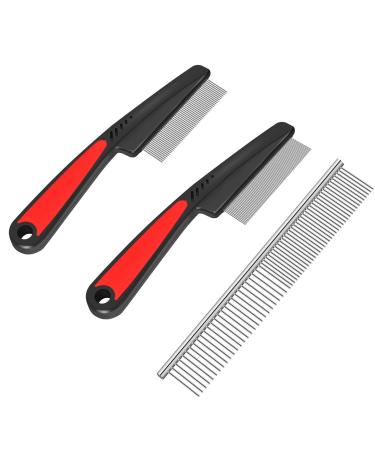 BRILLIRARE 3 Pack Dog Comb Kit, Stainless Steel Cat Flea Lice Grooming Combs with Rounded Teeth, Professional Pet Tear Stain Remover, Dematting Tool for Small, Medium & Large Pets