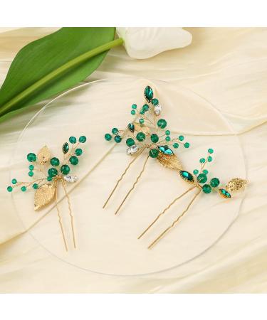 Bride Leaf Hair Pins Set - Vintage Gold Vine Barrettes with Emerald Green Crystals - Bridal Hair Accessories - Buy Online on GoSupps.com