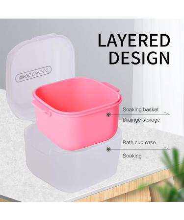DIDATOOL Denture Cup Denture Bath for Soaking Dentures Denture Case with Lid Easy to Carry and Clean Denture Case with Removable Rinse Basket and Finger Toothbrush (Square Transparent Pink) Square Transparent Pink - Buy Online on GoSupps.com