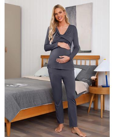 Irdcomps Women's Maternity Pyjamas Set - Cotton Nursing Nightwear PJ for Breastfeeding - Long Sleeve Sleepwear for Pregnancy - Dark Grey - Size L - Buy Online on GoSupps.com