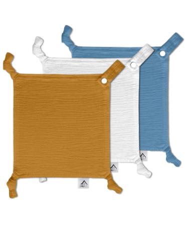 Baby Luxe 5-in-1 Mini Muslin Square Bib Toy Holder Washcloth Comforter - With Clip Attachment For Baby Bag Pacifiers Teething Toys and More (Set of 3: Medium Blue Tan White Cloth) 23_23_cm Medium Blue Tan White