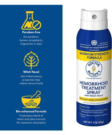 Doctor Butler's Hemorrhoid Spray - Pain Relief & Itch Relief with Witch Hazel & Aloe Vera (3oz) - Buy Online on GoSupps.com
