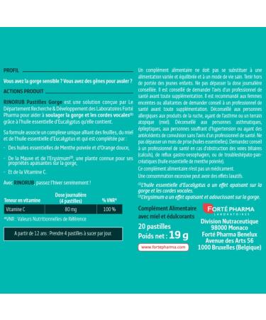 Fort Pharma - RinoRub Throat Lozenges | Throat Supplement - Sore Throat Vocal Cords | Eucalyptus Essential Oil Vitamin C Thyme Peppermint | 20 Lozenges - Buy Online on GoSupps.com