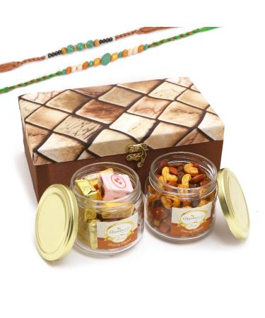 Ghasitaram Gifts Rakhi Gifts for Brothers Miracle Box of 2 Jars of Assorted Bites and Mix Dryfruits with 2 Green Beads Rakhis Box of 2 Jars of Assorted Bites Mix DF 2 Rakhis
