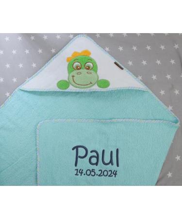 Personalized Hooded Towel for Kids - Embroidered Name Turquoise Dino 100x100 cm - Perfect Gift - Buy Online on GoSupps.com