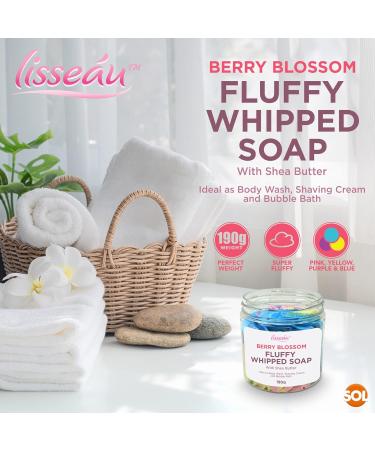 Lisseau Fluffy Whipped Soap with Shea Butter | Berry Blossom | 190g | Ideal as Body Wash Shower Fluff Shower Cream Shaving Cream & Bubble Bath Soap + SOL Sticker - Buy Online on GoSupps.com