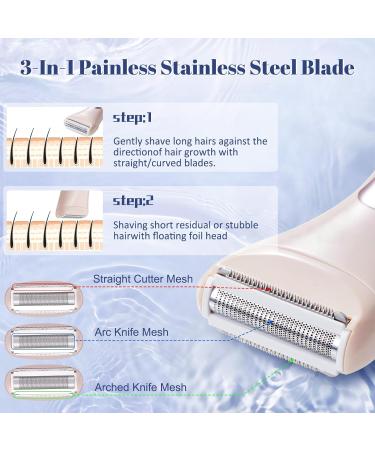 Buqikma Bikini Razors for Women - 3 in 1 Electric Shaver & Bikini Trimmer IPX7 Waterproof Painless Hair Removal for Legs & Arms - Pink - Buy Online on GoSupps.com