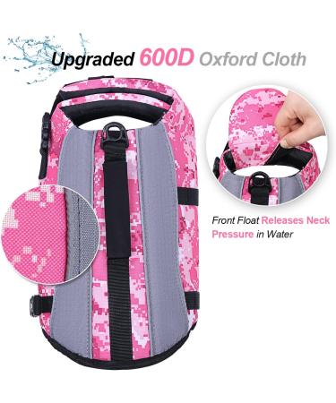 Vivaglory Reflective Dog Rescue Vest with Removable Front-Wheel Drive - Camo Pink L (63-78cm) for Swimming & Boating - Buy Online on GoSupps.com