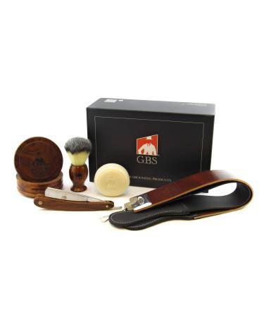 G.B.S Complete Professional Wet Shave Kit Shaving Set- Shave Box Includes 5/8" Inch Carbon Steel Straight Razor with Wooden Handle, Synthetic Hair Shave Brush, Wood Shave Soap Bowl
