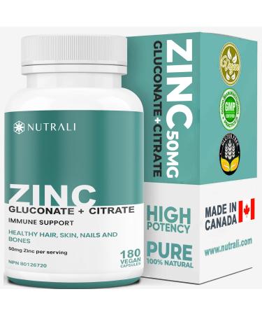 Zinc Supplements 50mg - Nutrali Zinc Bisglycinate High Absorption Formula for Immune Support Skin Hair & Nails 180 Vegan Non-GMO Gluten-Free Capsules 180 count (Pack of 1)