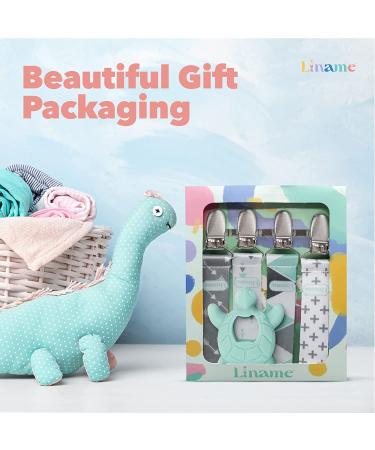 Liname Neutral Pacifier Clip with Teething Toy - 4 Pack Binky Holder Set for Boys & Girls - Mint Metal Clips - Baby Pacifier Holder and Teether Combo - Buy Online on GoSupps.com