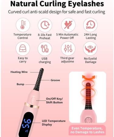 Heated Eyelash Curler with Comb - USB Rechargeable 3 Temp Settings LED Display | Long-Lasting Natural Curls | Perfect Women s Gift - Pink-4867 - Buy Online on GoSupps.com