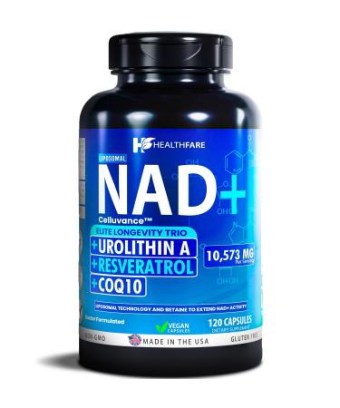 Healthfare 10 573mg NAD Supplement Resveratrol CoQ10-120 Capsules NMN Alternative Liposomal High Absorption Formula | Betaine for Anti-Aging Extended Effects - Cellular Energy Skin for Women & Men