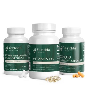 Veridda Longevity Advanced Anti-Inflammation & Cellular Energy Trio Includes: Vitamin D3 CoQ10 Ubiquinone Magnesium Glycinate