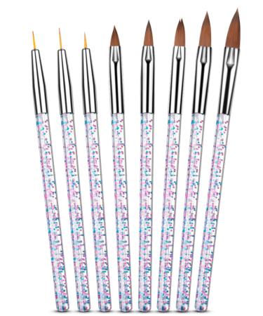 Spearlcable 8 Pieces Acrylic Nail Brush Set Nail Art Liner Brushes Gel Polish Painting Design Pen Rhinestone Handles for Nail Salon Home DIY (A)