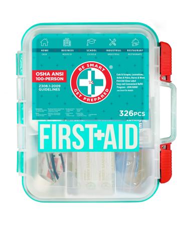 Be Smart Get Prepared First Aid Kit, Teal, 326 Piece, Exceeds OSHA and ANSI Guidelines 100 People - Office, Home, Car, School, Emergency, Survival, Camping, Hunting and Sports