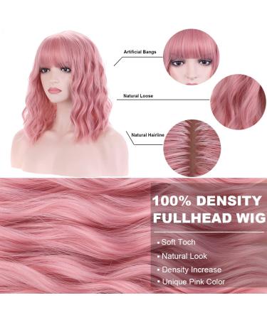 BERON 14 Women Girls Short Curly Synthetic Wig with Bangs - Lovely Pink 14 Inch - Buy Online on GoSupps.com