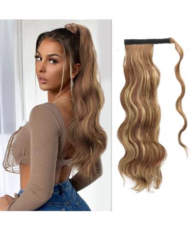 FESHFEN Long Wavy Ponytail Extensions 60cm Body Wavy Wrap Around Hair Ponytails Curly Clip in Synthetic Hairpieces for Women Girls Brown & Blonde 60 cm (Pack of 1) 12H24# Brown & Blonde