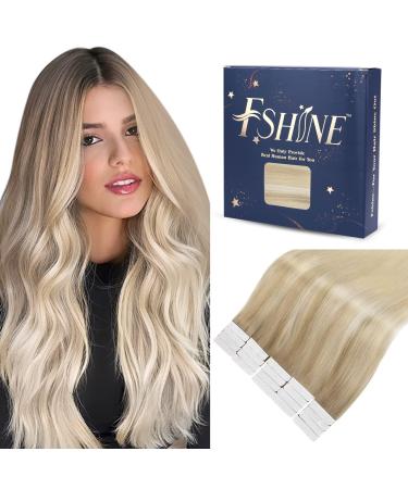 FSHINE BALAYAGE Extensions Real Hair Tape In Blond Ombre Ashblond with medium blonde and Platinblond Seamless Tape in Extensions Real Hair Blond Balayage 50cm 20 inch 50g 20 pieces for women #18/26/60 Tape #18/26