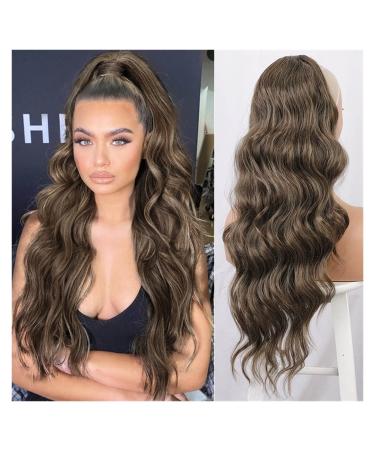 Ponytail Extension Synthetic Long Wavy Ponytail Extensions for Black Women Omber Blond Ash Brown Drawstring Ponytail Clip in Hairpiece Ponytail Hair Extension(Color:Dark grey)