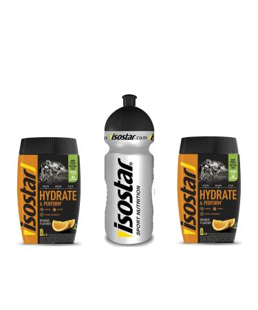 Isostar Hydrate & Perform Iso Drink - 400g Isotonic Drink Powder - Electrolyte Powder to Support Sports Performance - 2 x Orange + 0.5 Liter Bottle