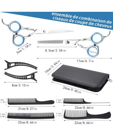 Professional 9-Part Hairdresser Scissors Set - 6.7in Effilator Scissors with Hair Clip Comb & Storage Bag for Beginners - Silver - Buy Online on GoSupps.com