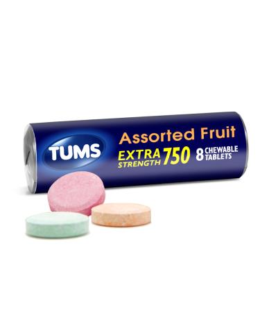 TUMS Extra Strength Antacid Tablets for Chewable Heartburn Relief and Acid Indigestion Relief Assorted Fruit Flavors - 8 Count Roll