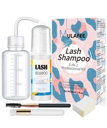 MULAFEE Eyelash Extension Cleanser Lash Extension Shampoo Kit Oils Paraben & Sulfate Free Foaming 60 ML Eyelash Shampoo with Rinse Bottle and Soft Brush Safe for Salon Use and Home Care