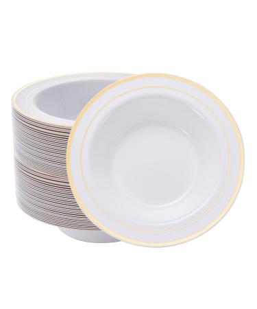 N9R 30 Pack Disposable Soup Bowls with Gold Rim 12 Oz Fancy Plastic Soup Bowls for Holidays Parties Weddings Catering and Everyday Use